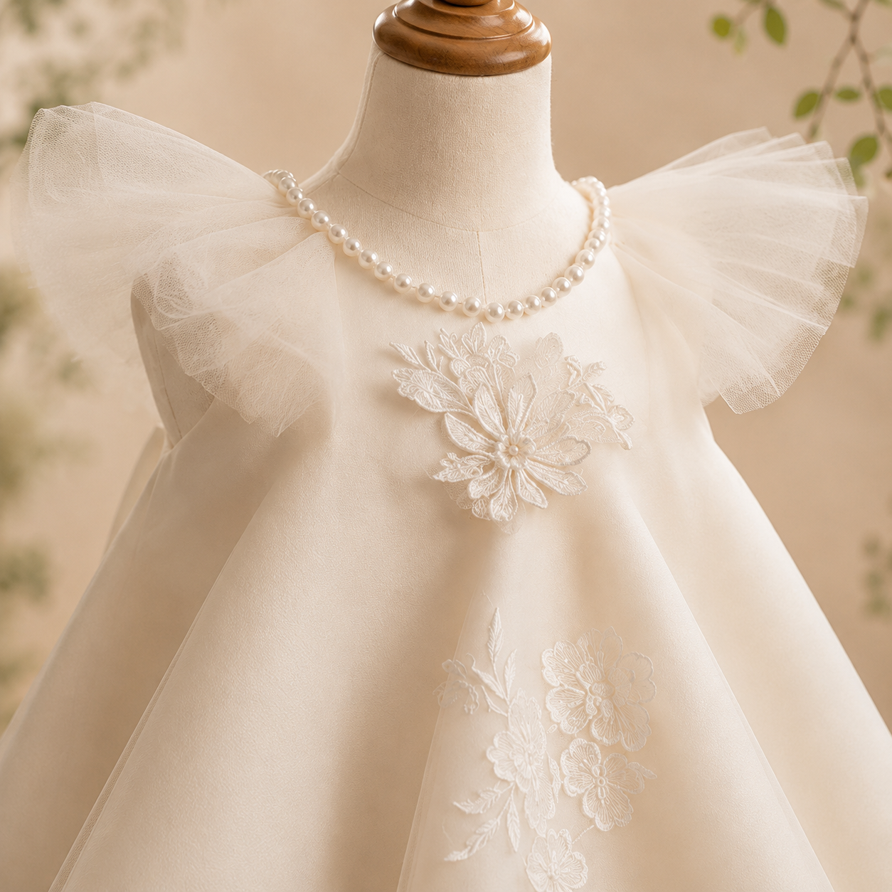 Girls Ivory Tulle Flower Girl Dress with Pearl Collar, 3D Floral Lace &amp; Satin Bow - Christening Party Dress