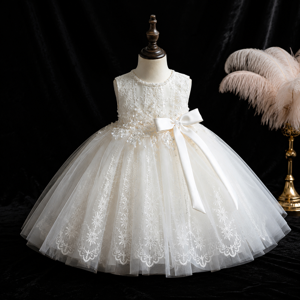Girls Ivory Floral Lace Flower Girl Dress, Tulle Ballgown with Pearl Neckline & Satin Bow, Toddler Party Pageant Dress