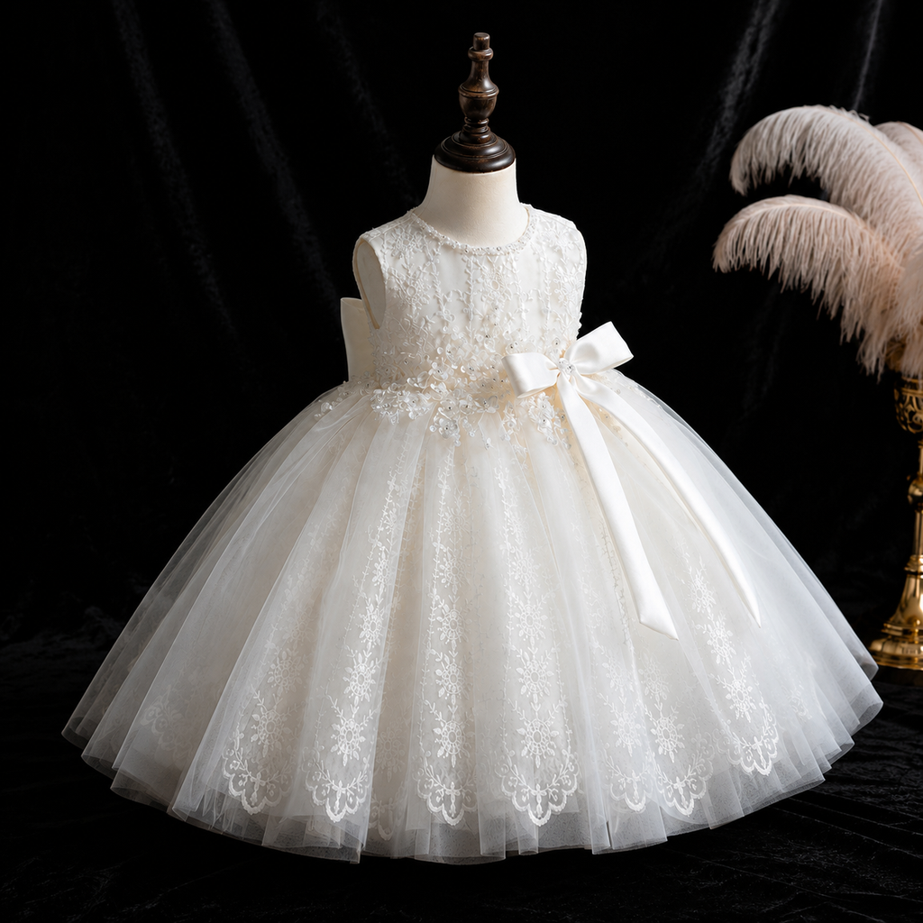 Girls Ivory Floral Lace Flower Girl Dress, Tulle Ballgown with Pearl Neckline & Satin Bow, Toddler Party Pageant Dress