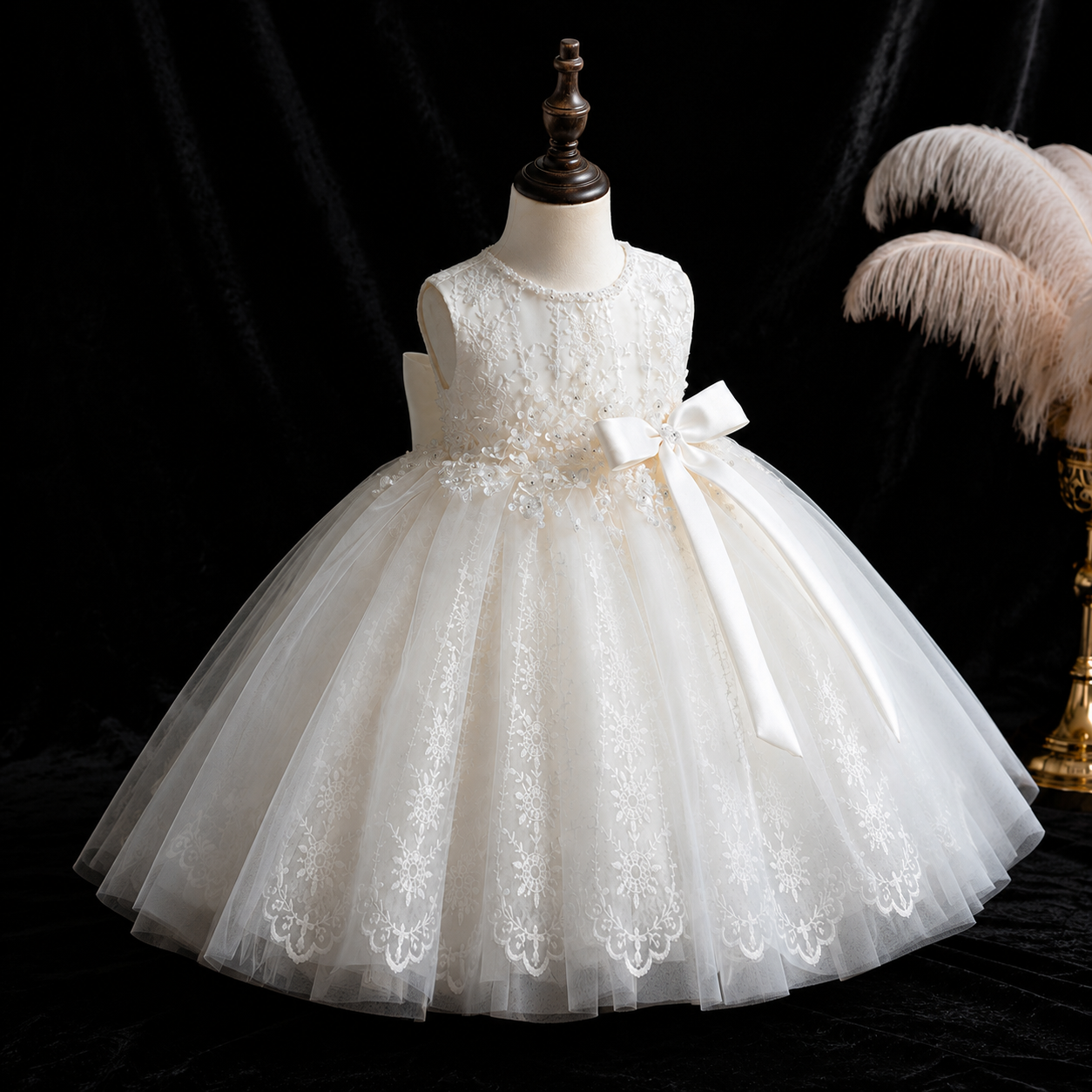 Girls Ivory Floral Lace Flower Girl Dress, Tulle Ballgown with Pearl Neckline & Satin Bow, Toddler Party Pageant Dress