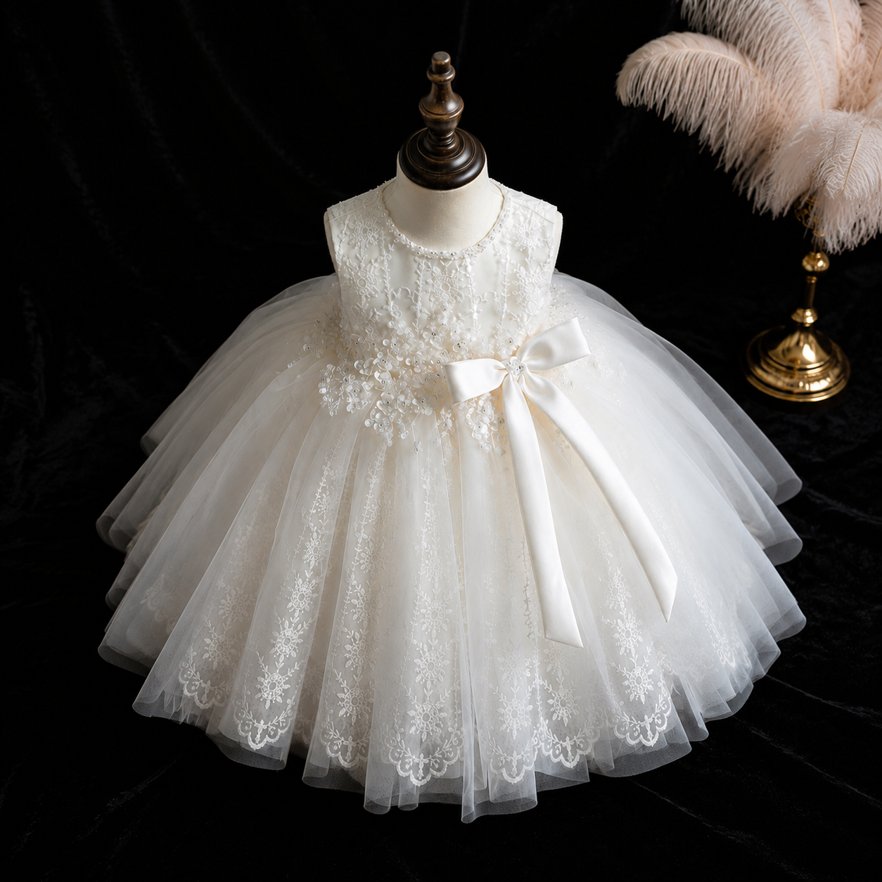 Girls Ivory Floral Lace Flower Girl Dress, Tulle Ballgown with Pearl Neckline & Satin Bow, Toddler Party Pageant Dress