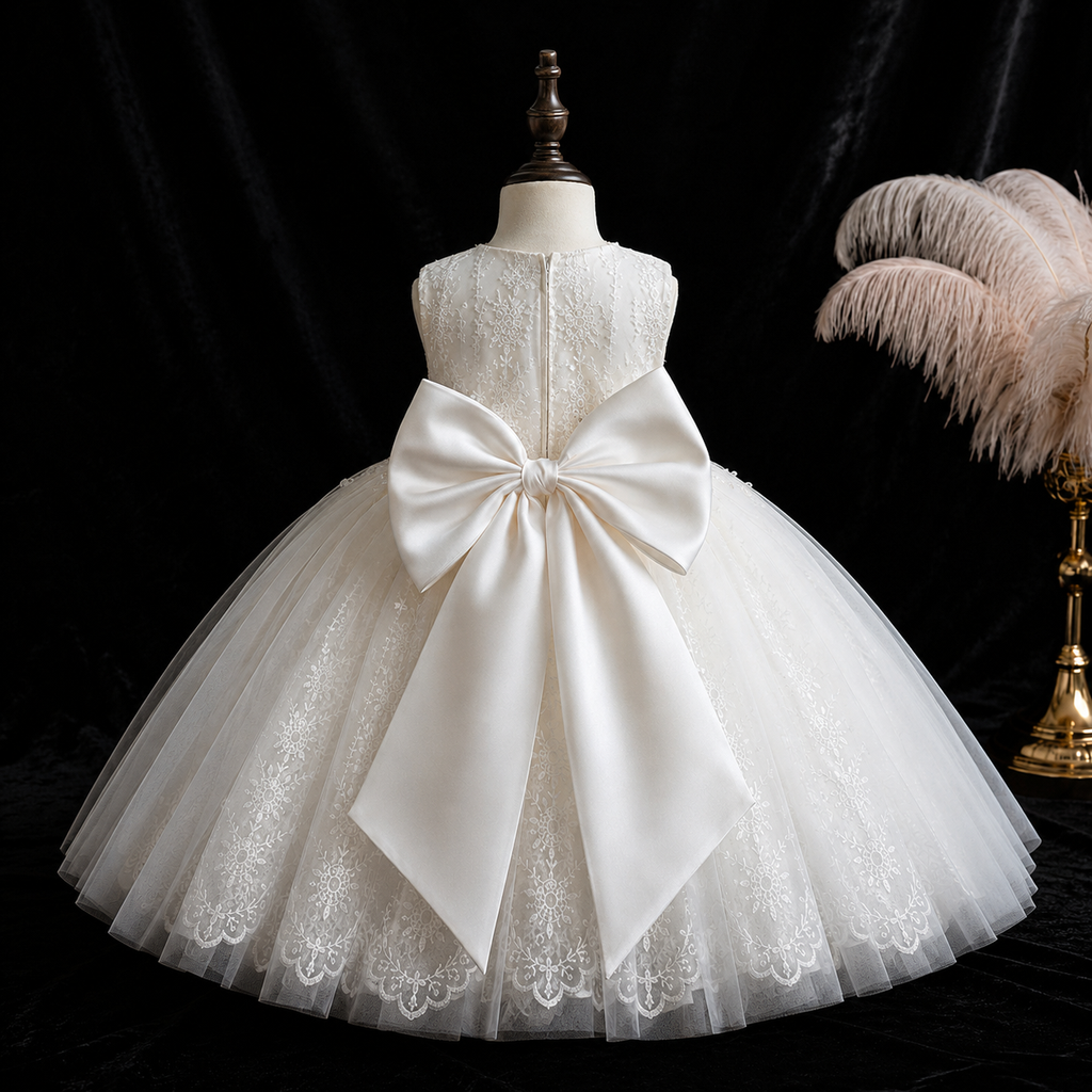 Girls Ivory Floral Lace Flower Girl Dress, Tulle Ballgown with Pearl Neckline & Satin Bow, Toddler Party Pageant Dress