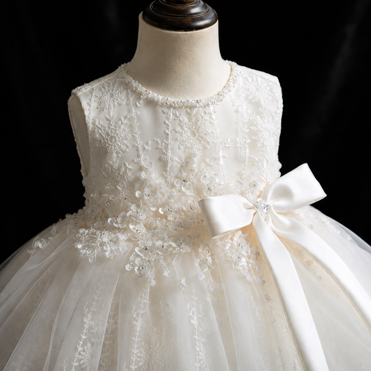 Girls Ivory Floral Lace Flower Girl Dress, Tulle Ballgown with Pearl Neckline & Satin Bow, Toddler Party Pageant Dress