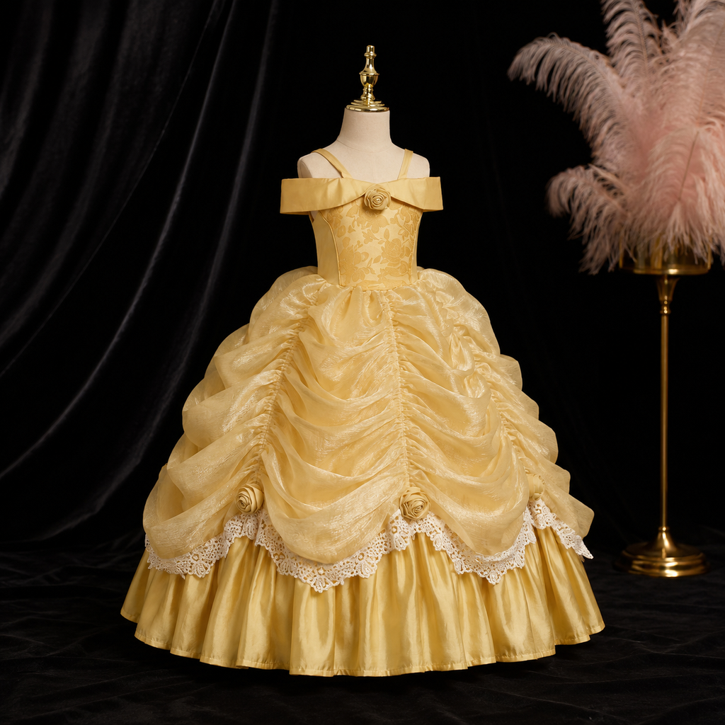 Girls Gold Off-Shoulder Storybook Princess Costume Ball Gown - Flower Girl Pageant Birthday Party Dress