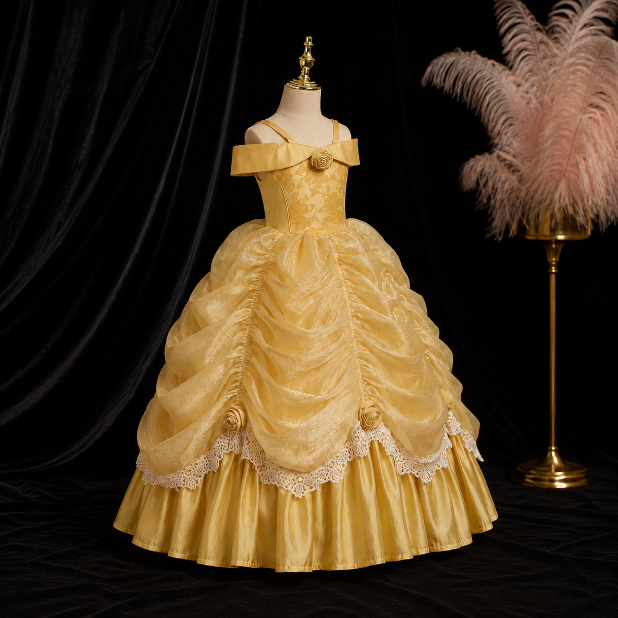 Girls Gold Off-Shoulder Storybook Princess Costume Ball Gown - Flower Girl Pageant Birthday Party Dress