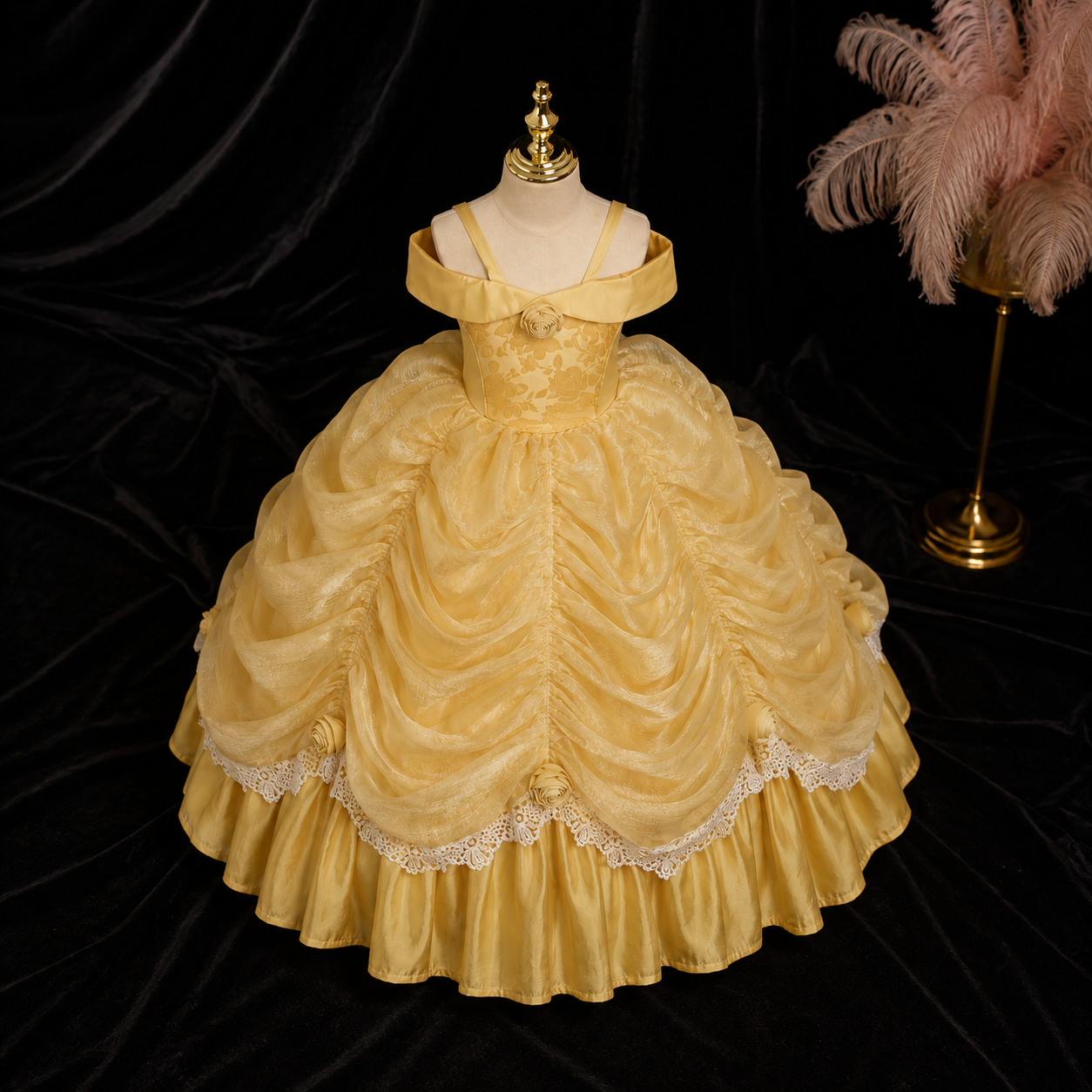 Girls Gold Off-Shoulder Storybook Princess Costume Ball Gown - Flower Girl Pageant Birthday Party Dress