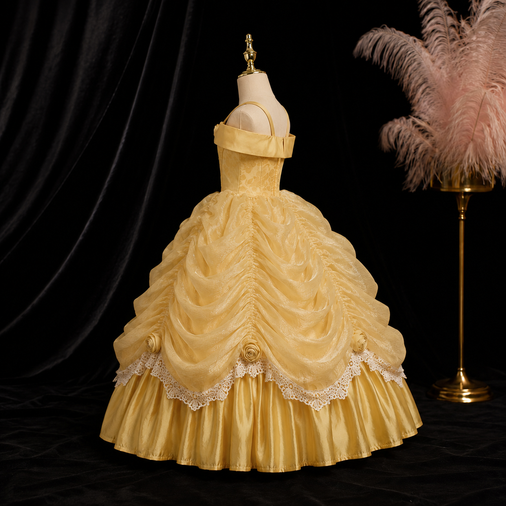 Girls Gold Off-Shoulder Storybook Princess Costume Ball Gown - Flower Girl Pageant Birthday Party Dress