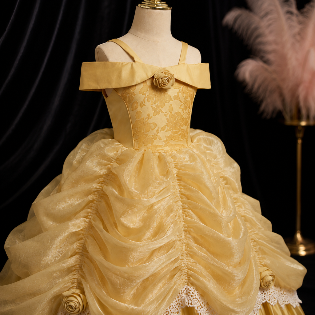 Girls Gold Off-Shoulder Storybook Princess Costume Ball Gown - Flower Girl Pageant Birthday Party Dress