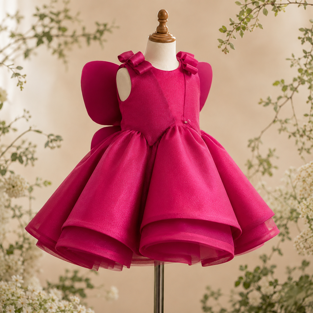 Girls Fuchsia Butterfly Wing Party Dress, Layered Tulle Flower Girl Birthday Pageant Dress for Toddlers