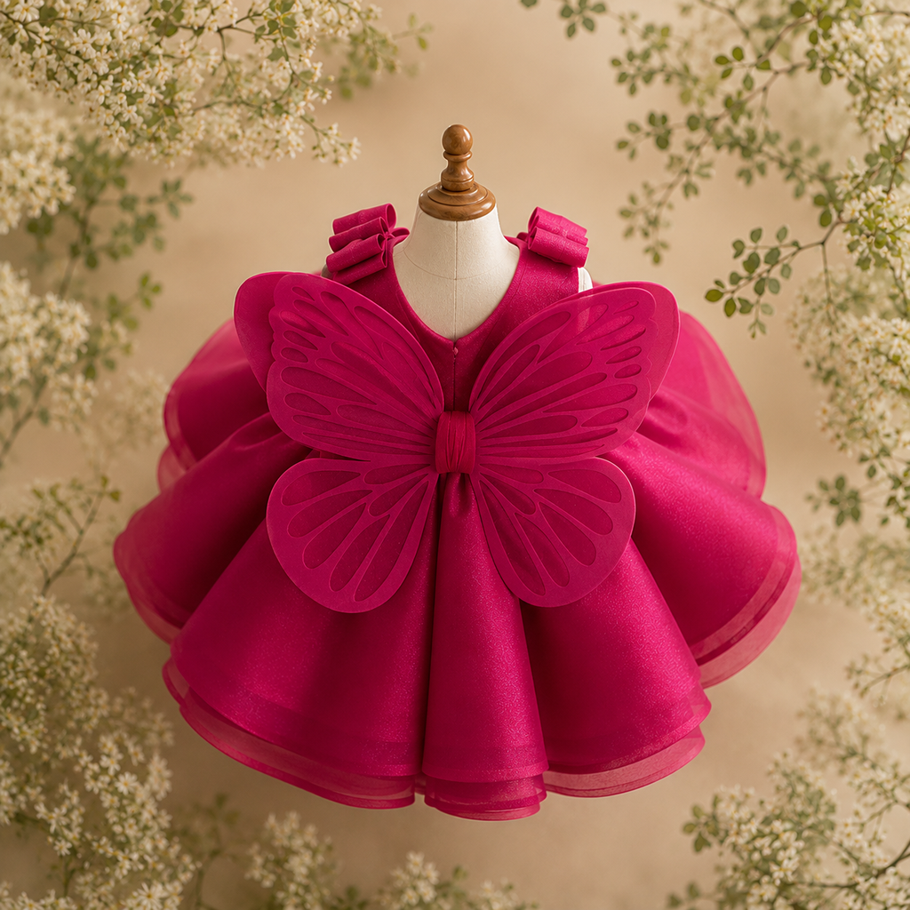 Girls Fuchsia Butterfly Wing Party Dress, Layered Tulle Flower Girl Birthday Pageant Dress for Toddlers