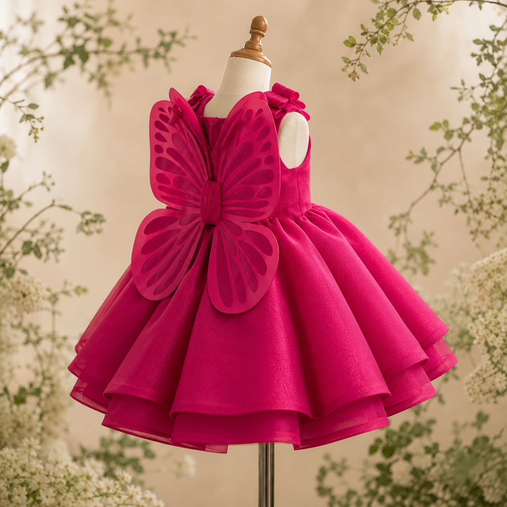 Girls Fuchsia Butterfly Wing Party Dress, Layered Tulle Flower Girl Birthday Pageant Dress for Toddlers