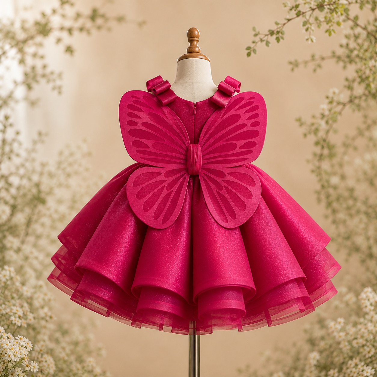 Girls Fuchsia Butterfly Wing Party Dress, Layered Tulle Flower Girl Birthday Pageant Dress for Toddlers