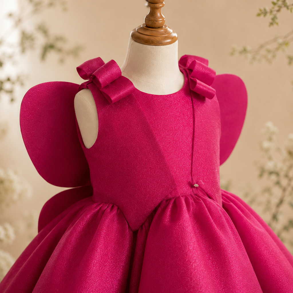 Girls Fuchsia Butterfly Wing Party Dress, Layered Tulle Flower Girl Birthday Pageant Dress for Toddlers