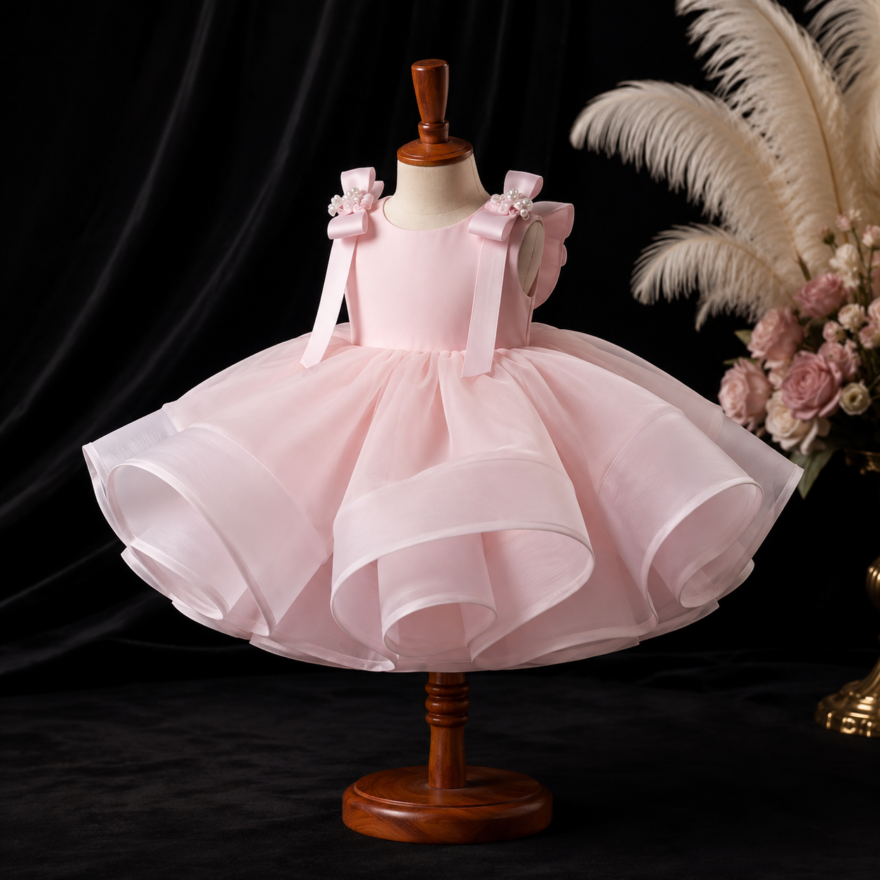 Girls Blush Pink Organza Flower Girl Dress with Butterfly Back, Pearl Shoulder Bows, Birthday Pageant Gown