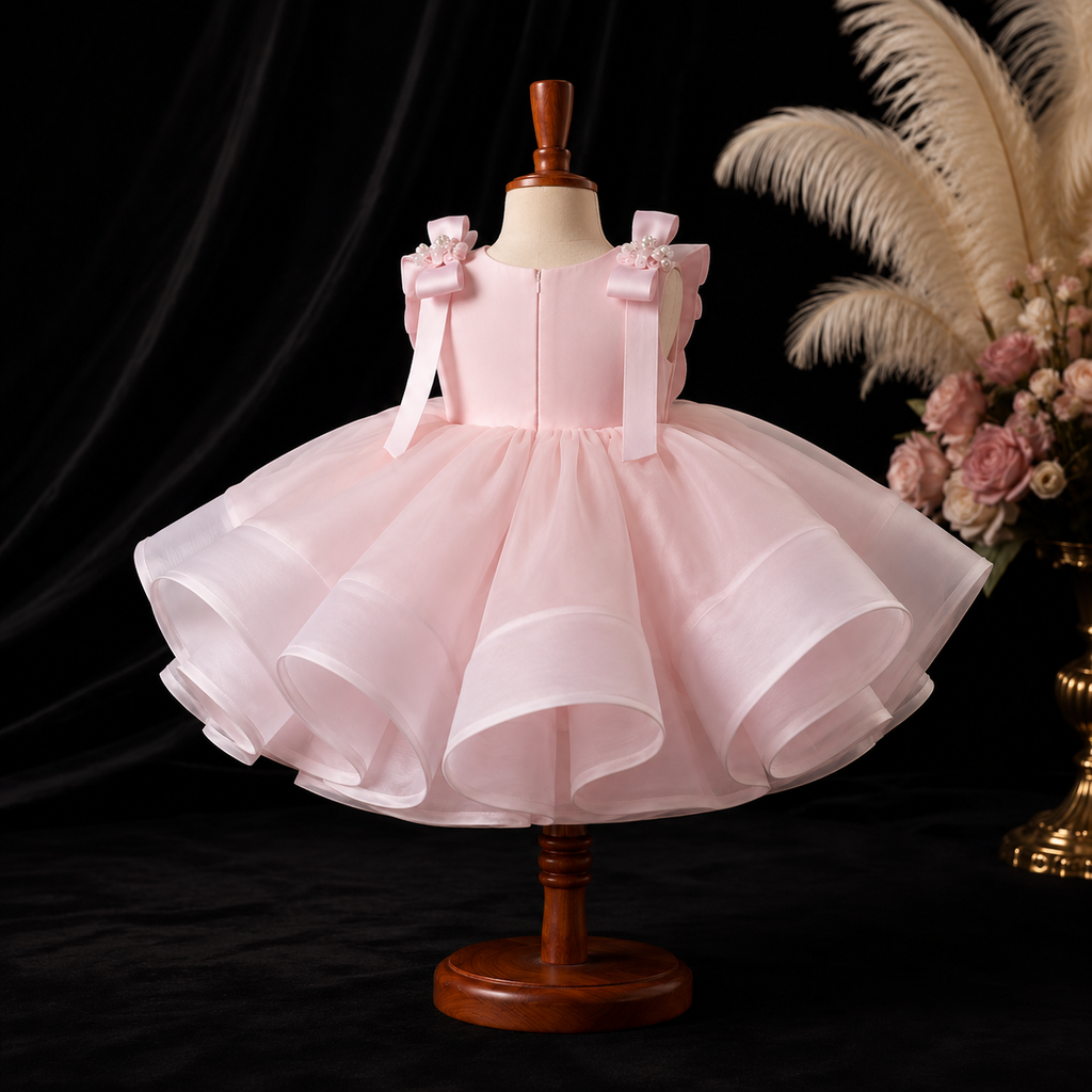 Girls Blush Pink Organza Flower Girl Dress with Butterfly Back, Pearl Shoulder Bows, Birthday Pageant Gown