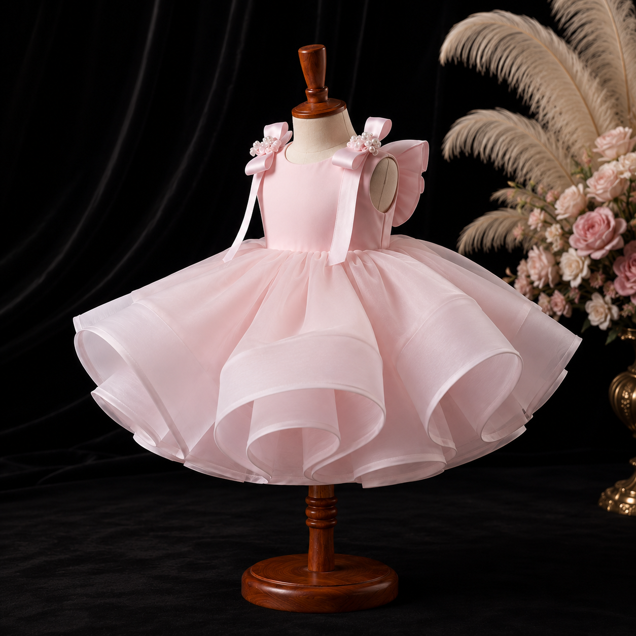 Girls Blush Pink Organza Flower Girl Dress with Butterfly Back, Pearl Shoulder Bows, Birthday Pageant Gown