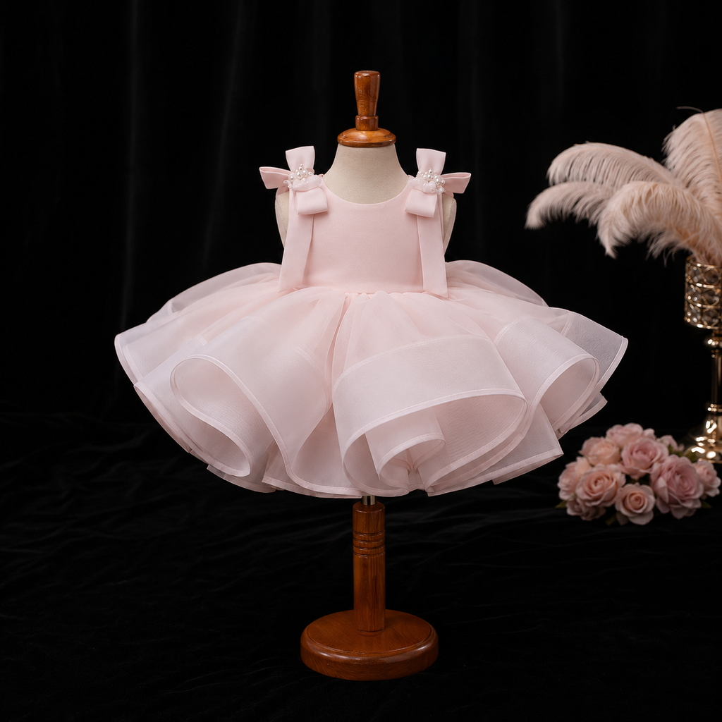 Girls Blush Pink Organza Flower Girl Dress with Butterfly Back, Pearl Shoulder Bows, Birthday Pageant Gown