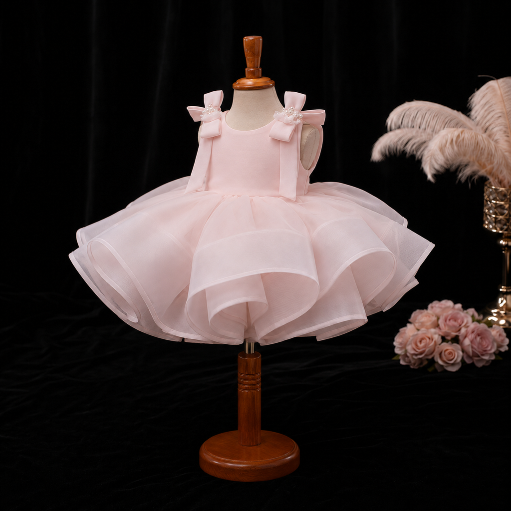 Girls Blush Pink Organza Flower Girl Dress with Butterfly Back, Pearl Shoulder Bows, Birthday Pageant Gown