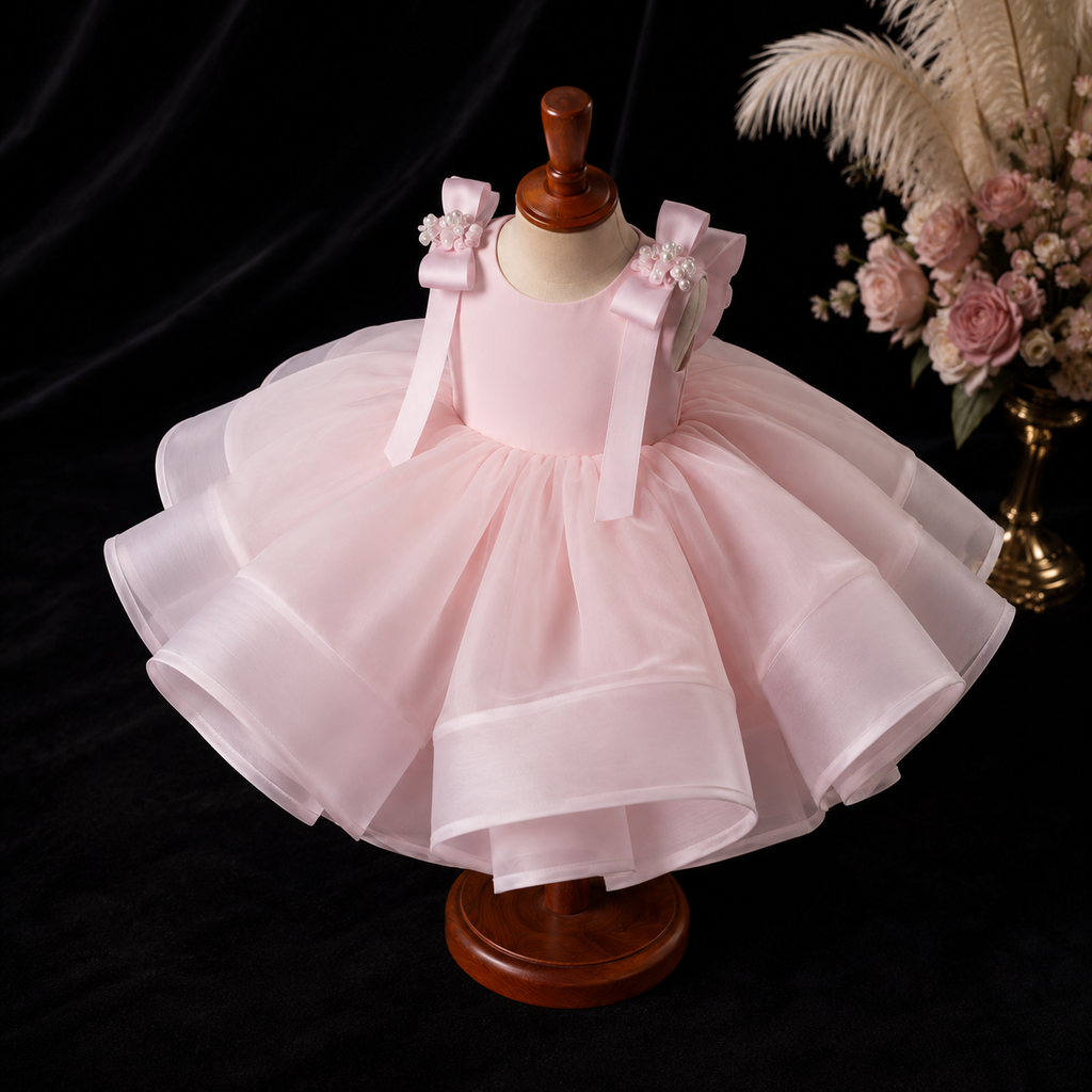 Girls Blush Pink Organza Flower Girl Dress with Butterfly Back, Pearl Shoulder Bows, Birthday Pageant Gown