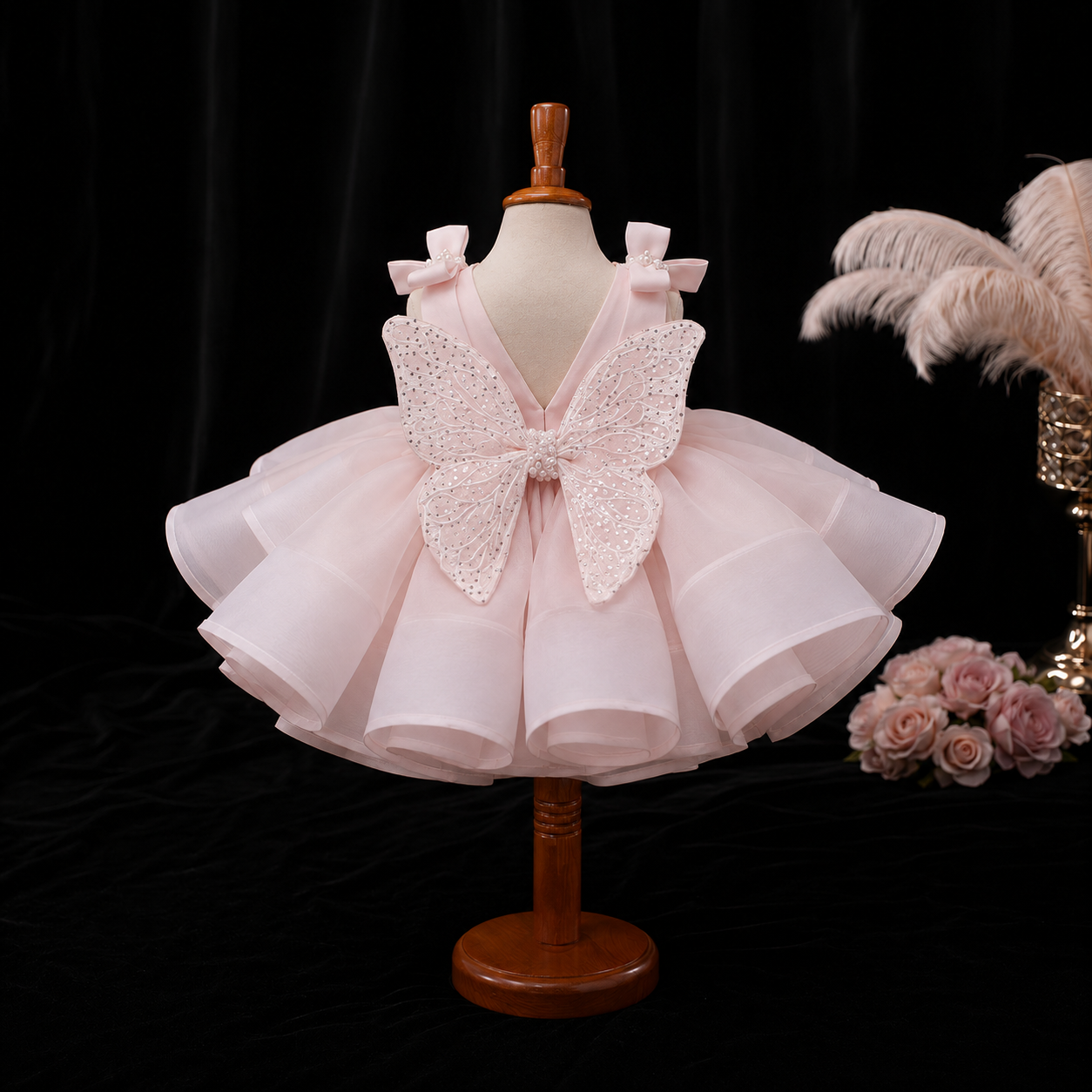Girls Blush Pink Organza Flower Girl Dress with Butterfly Back, Pearl Shoulder Bows, Birthday Pageant Gown