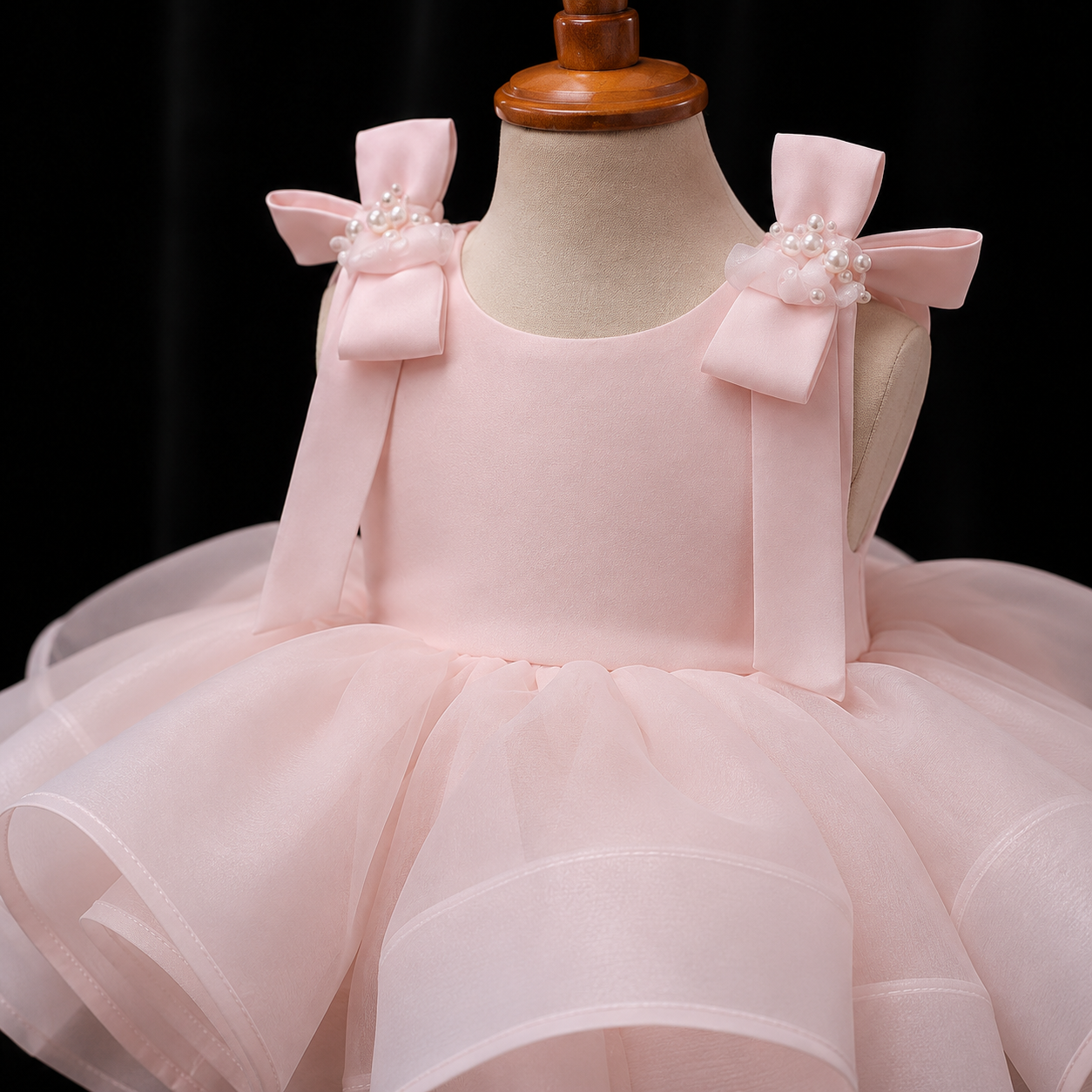 Girls Blush Pink Organza Flower Girl Dress with Butterfly Back, Pearl Shoulder Bows, Birthday Pageant Gown