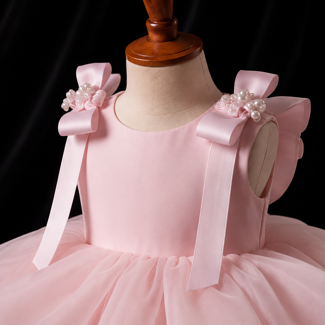 Girls Blush Pink Organza Flower Girl Dress with Butterfly Back, Pearl Shoulder Bows, Birthday Pageant Gown