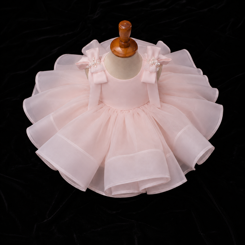 Girls Blush Pink Organza Flower Girl Dress with Butterfly Back, Pearl Shoulder Bows, Birthday Pageant Gown