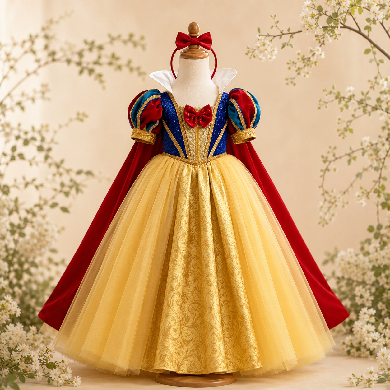 Girls Storybook Princess Costume Dress, Yellow Ball Gown with Red Cape & Blue Puff-Sleeve Bodice, Birthday