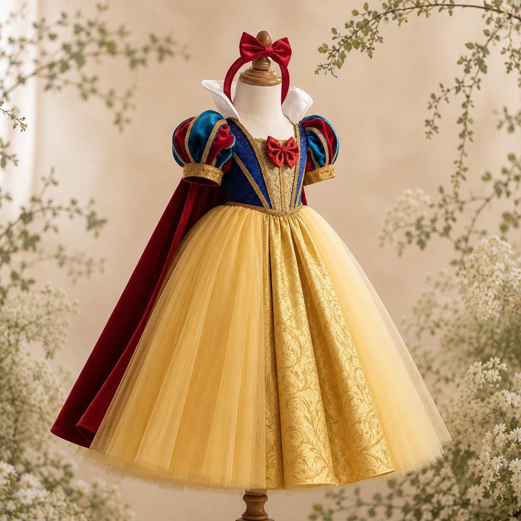 Girls Storybook Princess Costume Dress, Yellow Ball Gown with Red Cape & Blue Puff-Sleeve Bodice, Birthday