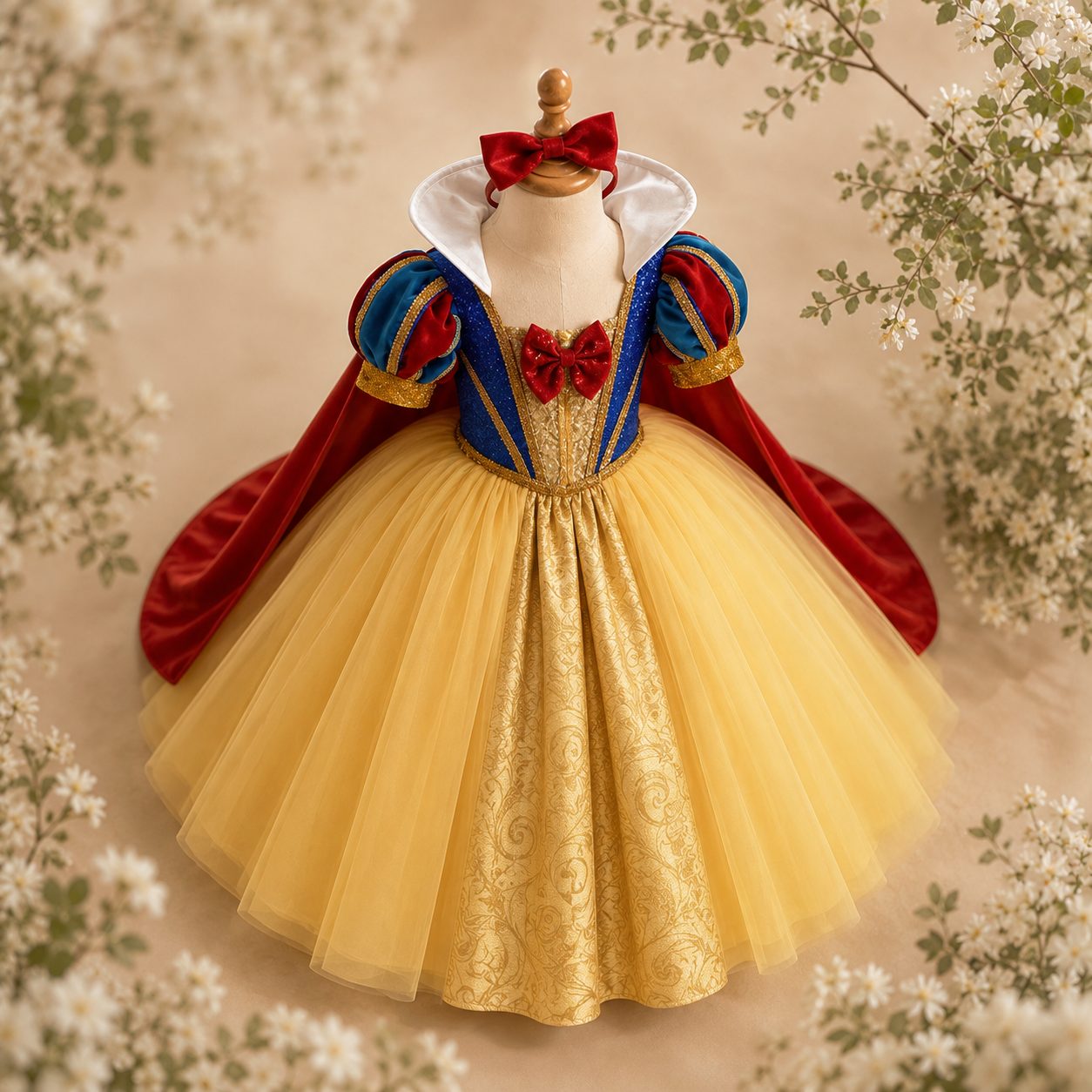 Girls Storybook Princess Costume Dress, Yellow Ball Gown with Red Cape & Blue Puff-Sleeve Bodice, Birthday