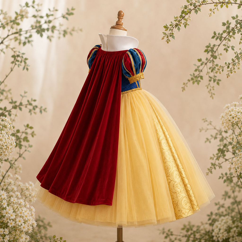 Girls Storybook Princess Costume Dress, Yellow Ball Gown with Red Cape & Blue Puff-Sleeve Bodice, Birthday