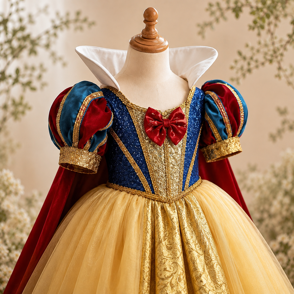 Girls Storybook Princess Costume Dress, Yellow Ball Gown with Red Cape & Blue Puff-Sleeve Bodice, Birthday