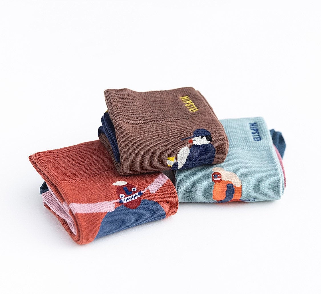 Miss June’s | Set 3 pairs cotton socks｜Creative | Colorful | Cool | Patterned | Designed | Unisex | Gift Idea | Art | Comfortable | Men