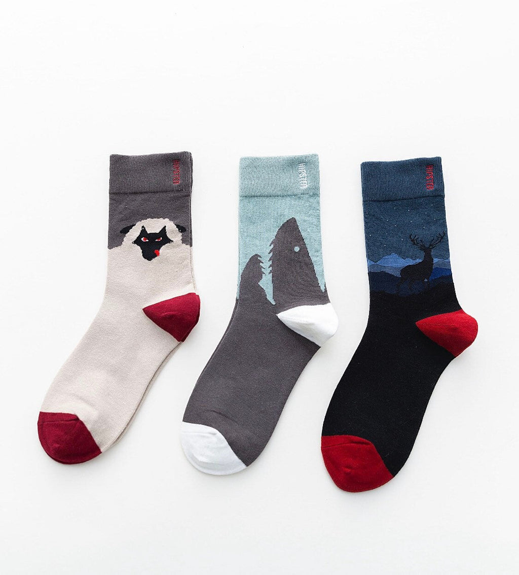 Miss June’s | Set 3 pairs cotton socks｜Creative | Colorful | Cool | Patterned | Designed | Unisex | Gift Idea | Art | Comfortable| Men