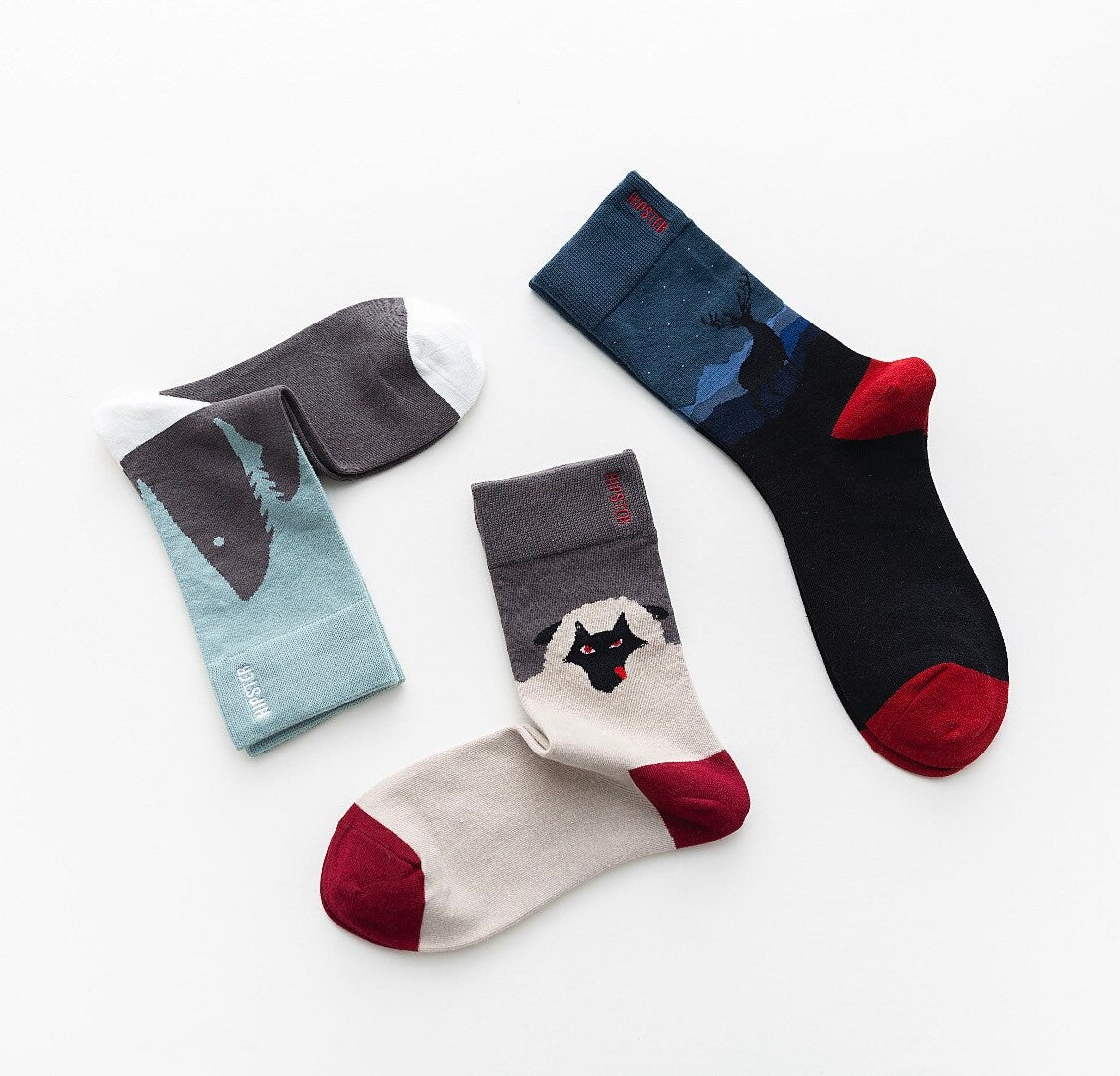 Miss June’s | Set 3 pairs cotton socks｜Creative | Colorful | Cool | Patterned | Designed | Unisex | Gift Idea | Art | Comfortable| Men