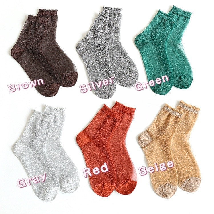 Miss June’s | Women’s Metallic Glass Silk-like Transparent socks | Cute | Colorful | Summer | Designed | Gift Idea | Casual | Comfortable
