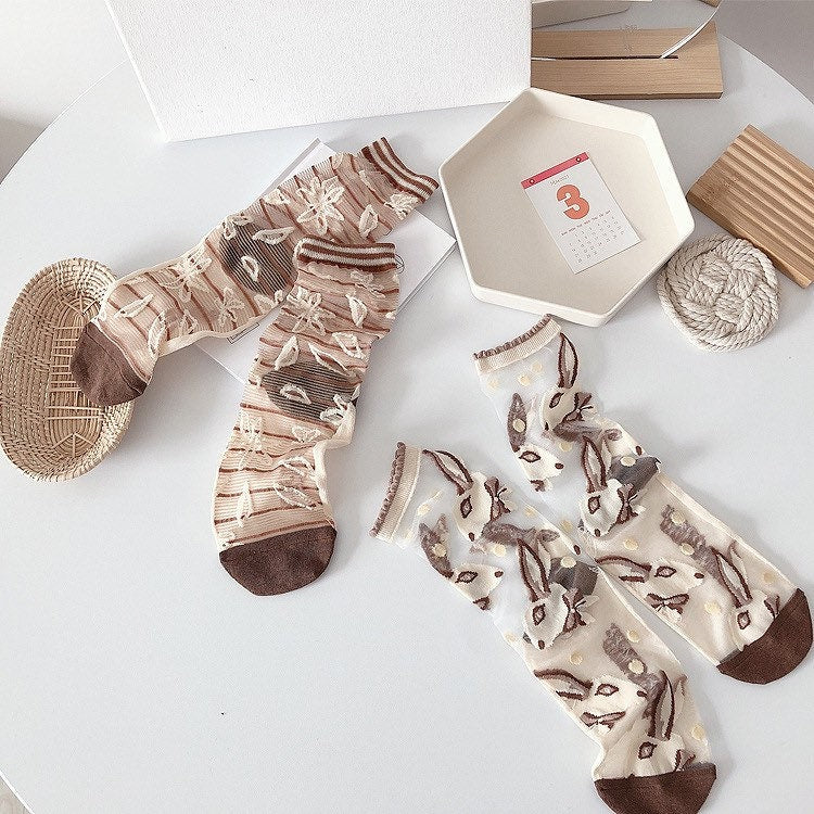 Miss June’s | Women’s Glass Silk-like Transparent socks | Cute | Colorful | Summer | Patterned | Gift Idea | Casual | Comfortable |Art|