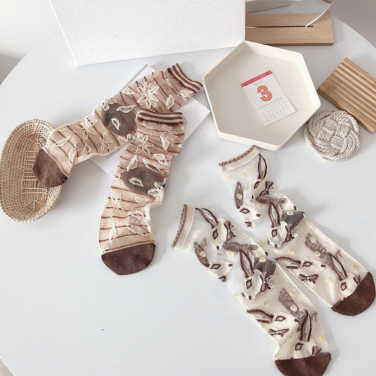 Miss June’s | Women’s Glass Silk-like Transparent socks | Cute | Colorful | Summer | Patterned | Gift Idea | Casual | Comfortable |Art|