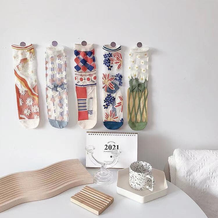 Miss June’s | Women’s Glass Silk-like Transparent socks | Cute | Colorful | Summer | Patterned | Gift Idea | Casual | Comfortable |Art|