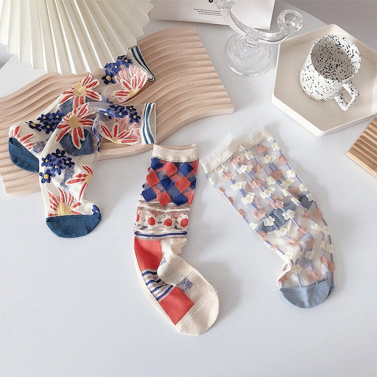 Miss June’s | Women’s Glass Silk-like Transparent socks | Cute | Colorful | Summer | Patterned | Gift Idea | Casual | Comfortable |Art|