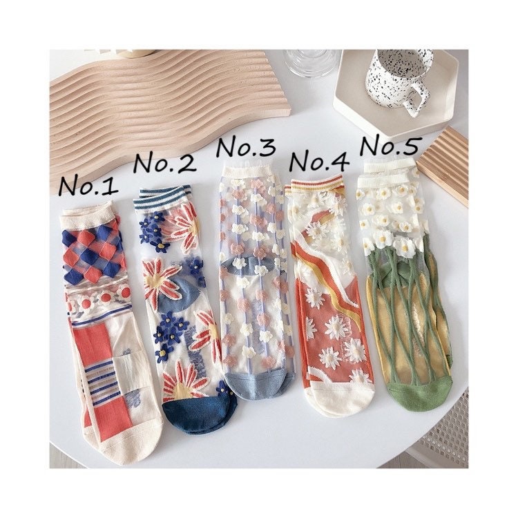 Miss June’s | Women’s Glass Silk-like Transparent socks | Cute | Colorful | Summer | Patterned | Gift Idea | Casual | Comfortable |Art|