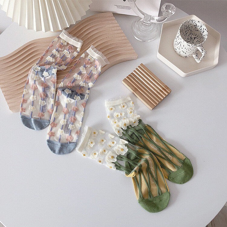 Miss June’s | Women’s Glass Silk-like Transparent socks | Cute | Colorful | Summer | Patterned | Gift Idea | Casual | Comfortable |Art|