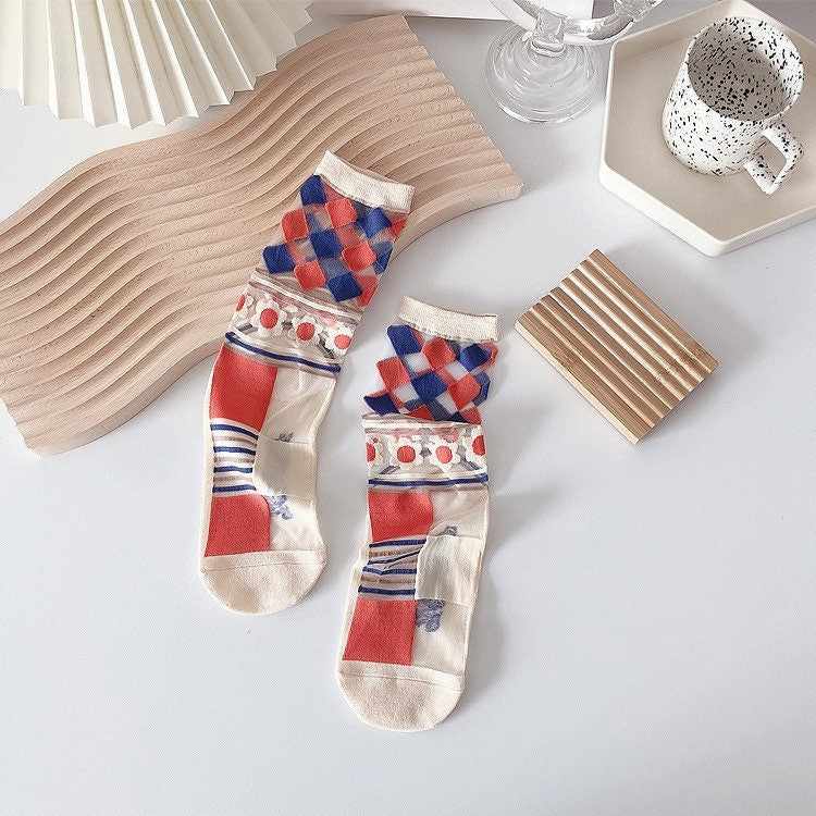 Miss June’s | Women’s Glass Silk-like Transparent socks | Cute | Colorful | Summer | Patterned | Gift Idea | Casual | Comfortable |Art|