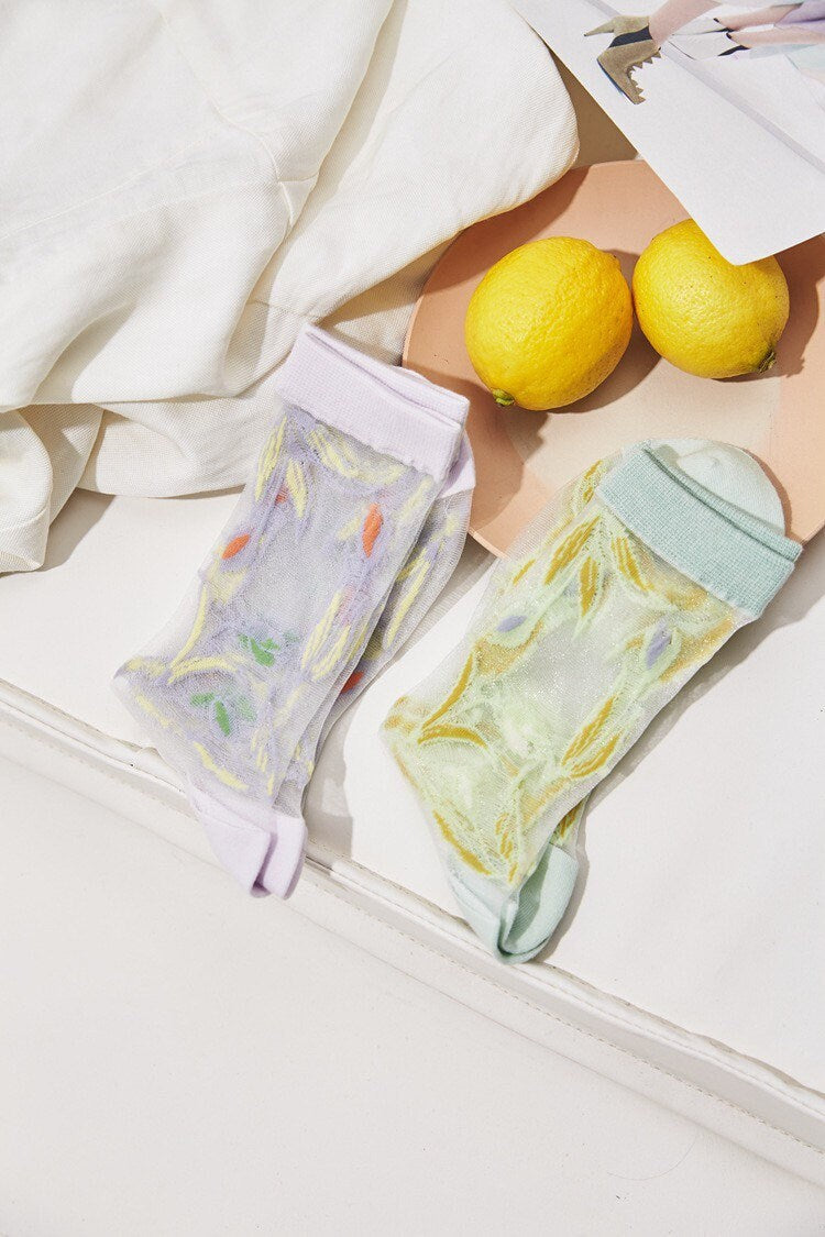 Miss June’s | Women’s Glass Silk-like Transparent socks | Cute | Colorful | Summer | Patterned | Gift Idea | Casual | Comfortable |Art|