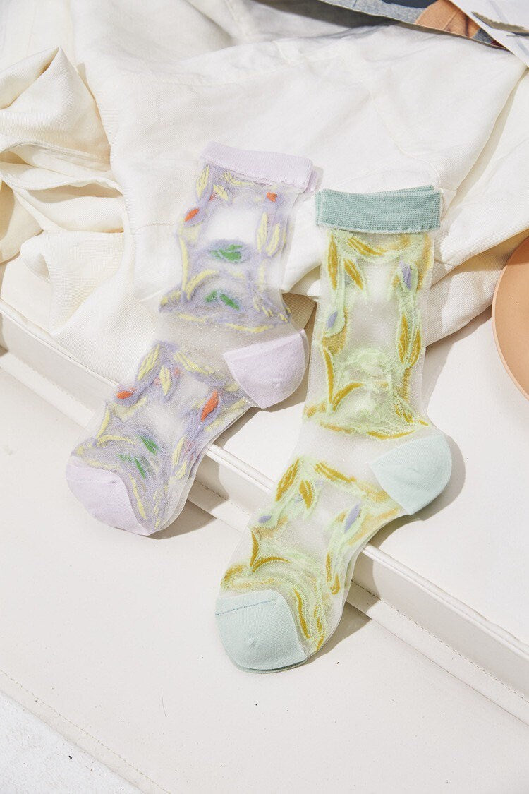 Miss June’s | Women’s Glass Silk-like Transparent socks | Cute | Colorful | Summer | Patterned | Gift Idea | Casual | Comfortable |Art|