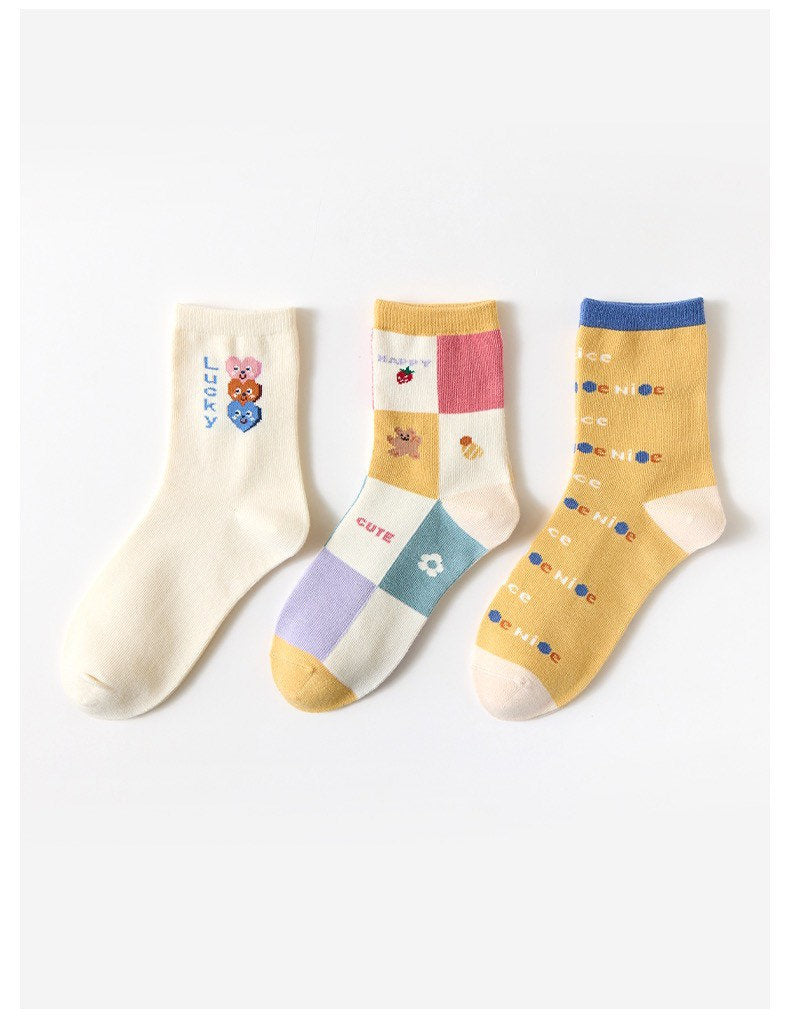 Miss June’s | Set of 3 pairs cotton socks | Cute | Pink | daily | Patterned | Designed | Women | Gift Idea | Casual | Stylish | Comfortable
