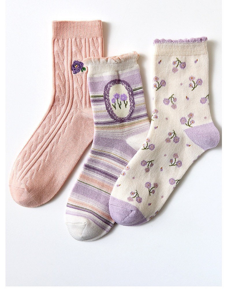 Miss June’s | Set of 3 pairs cotton socks | Cute | Pink | daily | Patterned | Designed | Women | Gift Idea | Casual | Stylish | Comfortable