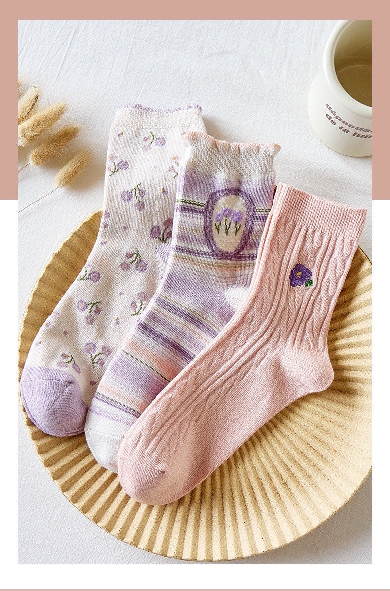 Miss June’s | Set of 3 pairs cotton socks | Cute | Pink | daily | Patterned | Designed | Women | Gift Idea | Casual | Stylish | Comfortable