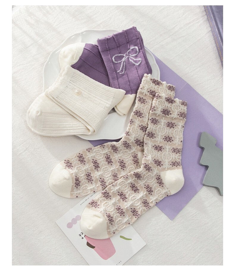 Miss June’s | Set of 3 pairs cotton socks | Cute | Pink | daily | Patterned | Designed | Women | Gift Idea | Casual | Stylish | Comfortable