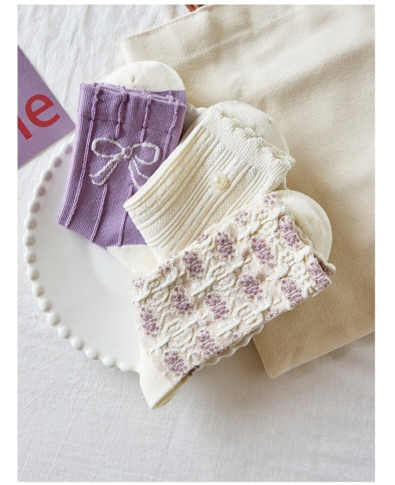 Miss June’s | Set of 3 pairs cotton socks | Cute | Pink | daily | Patterned | Designed | Women | Gift Idea | Casual | Stylish | Comfortable